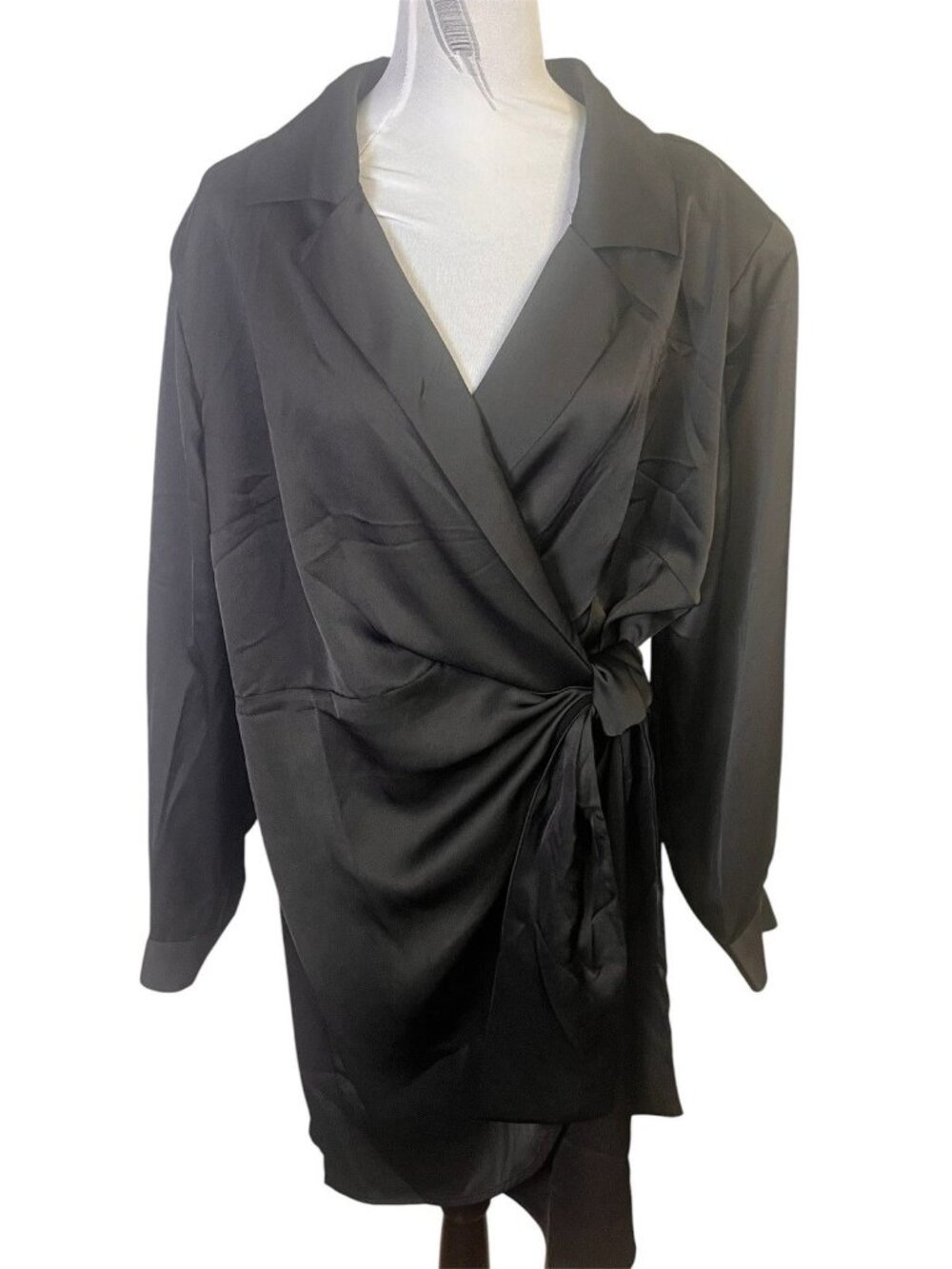 Eloquii Black Satin Long Sleeve Shirt Wrap Dress Plus Sz 22 Lapel Collared Mini - Picture 6 of 12